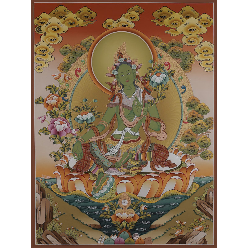 Art mural déesse bouddhiste verte Tara - peinture de Thangka tibétaine faite à la main avec détails en or 24 carats, grande décoration de méditation spirituelle H 40 po x l 30 po