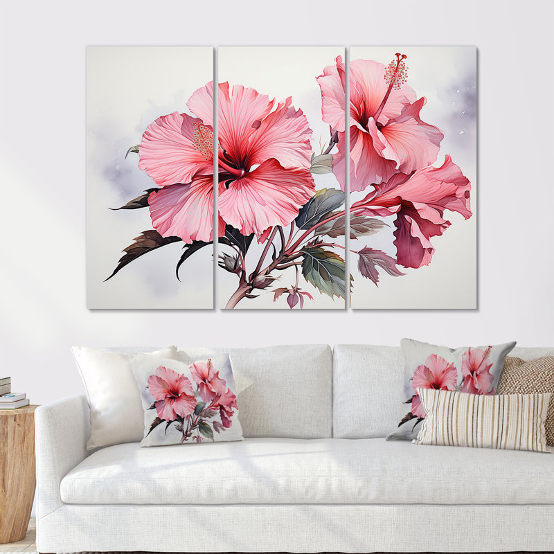 Hibiscus rose, minimalisme, ensemble d'art sur toile, H 32 po x l 48 po x P 1 po