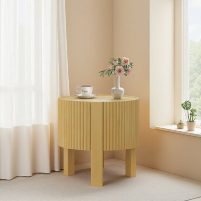 Table d'appoint ronde cannelée avec rangement pour le salon, bois d'hévéa massif, porte à fermeture en douceur