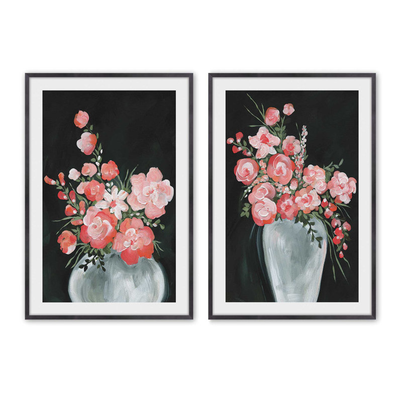 Delicate Coral Blossoms, ensemble de 2 impressions dans un cadre, H 15,5 po x l 23,5 po x P 1,25 po, Cadre en zinc patiné