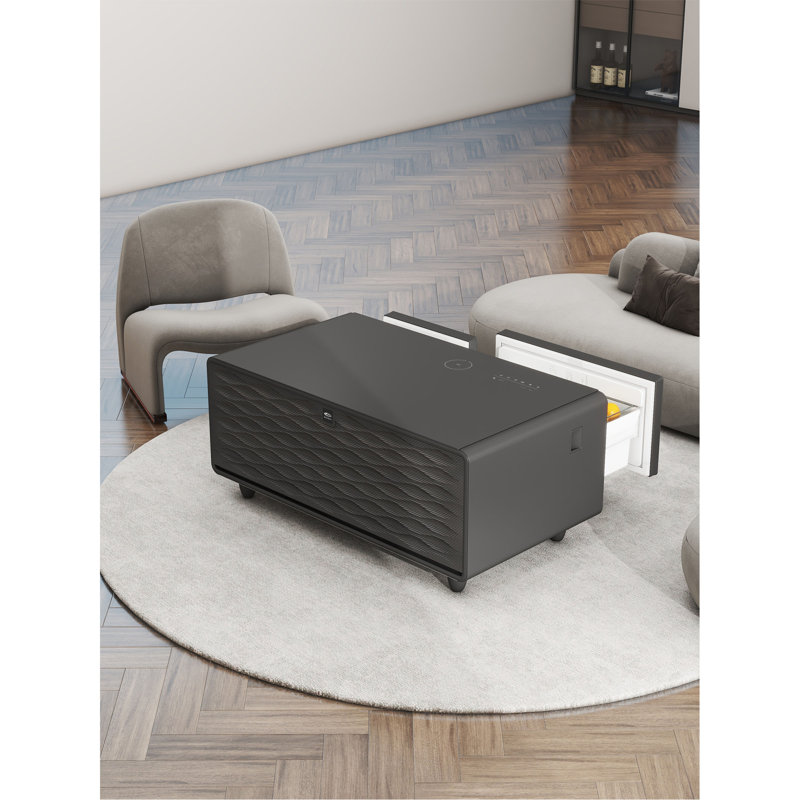 Cherubino Coffee Table with Fridge Cabinet and Bluetooth Stereo with Sockets and Ambient Lighting, Black
