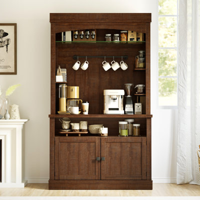 72" Farmhouse Coffee Bar Cabinet with LED Lights, Glass Doors, Adjustable Shelves, Microwave Stand and Kitchen Pantry Storage Sideboard by 17 Stories