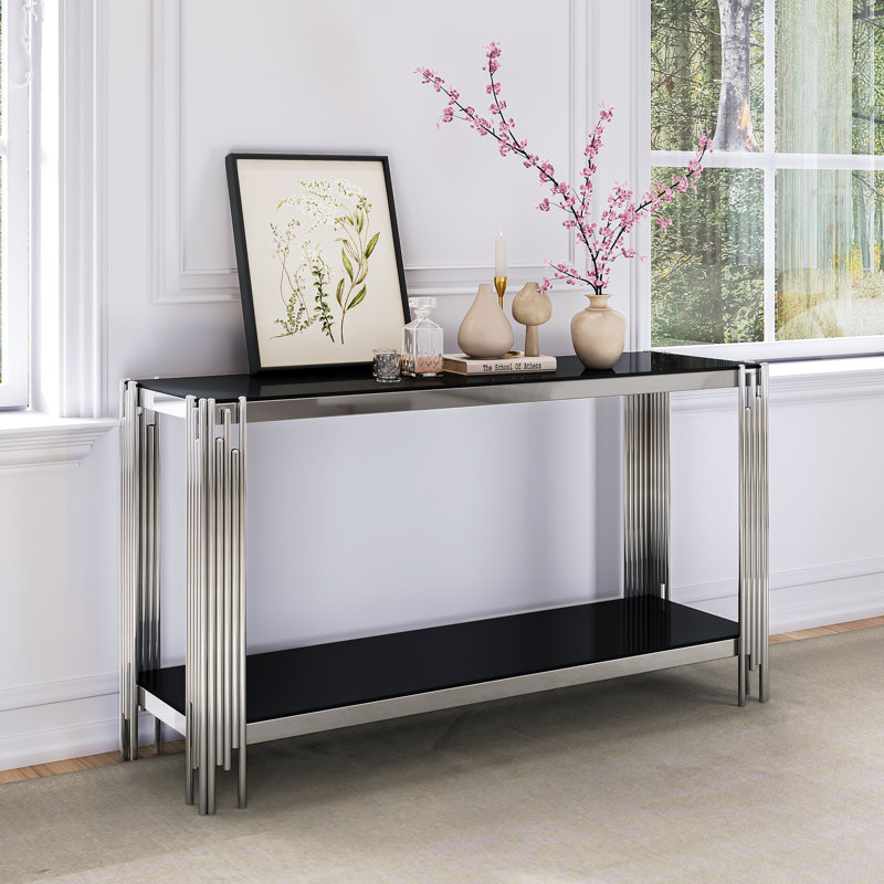 Clodoveo 47.24'' Glass Top Console Table, Black, Silver