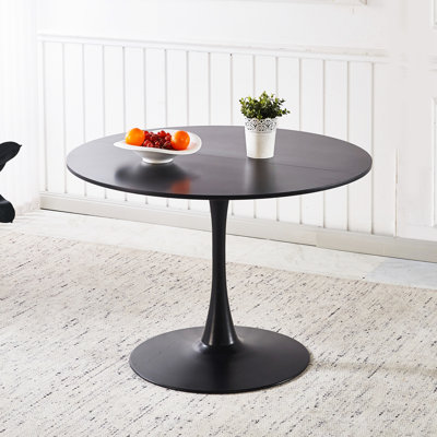 Table de salle à manger ronde noire de style Mid-Century, 107 cm (42,1 po), piètement central, plateau tulipe, finitions soignées et détails raffinés, pieds en métal stables.