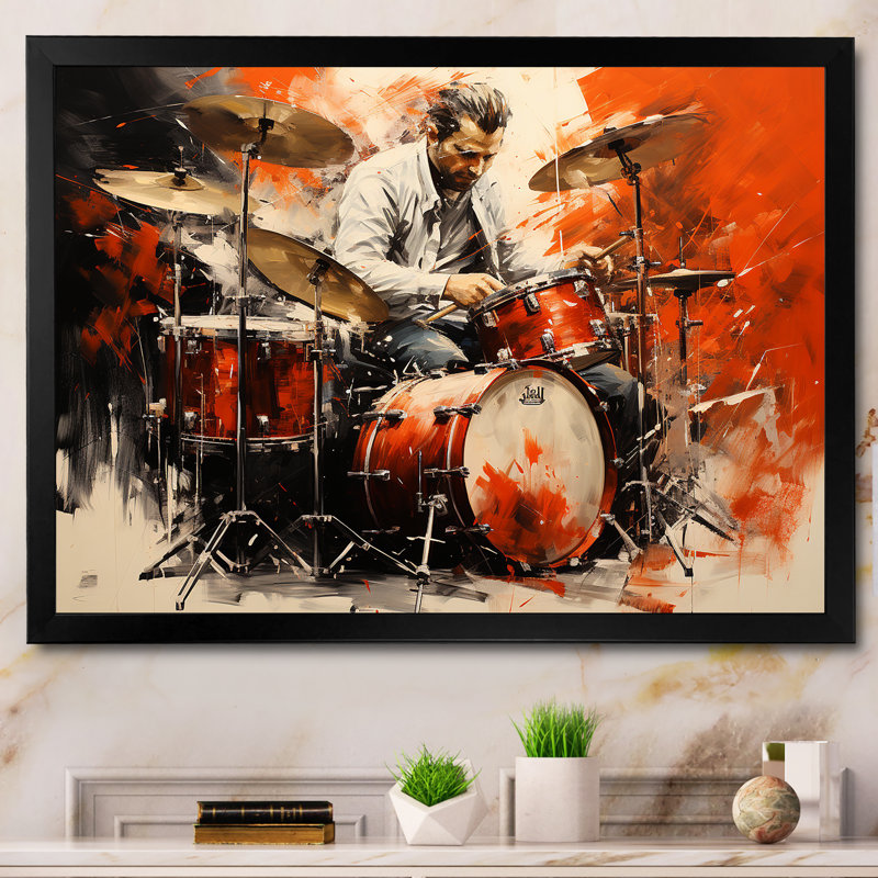 Deep Red Drum Beat, peinture I - musique, art mural, Cadre d'angle fermé noir, H 30 po x l 40 po x P 1,5 po