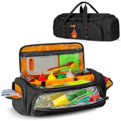 Camp Grill Tool Storage Bag, Portable BBQ Utensil Case with Divider | Large Grill Accessories Storage Caddy with Multi Pockets, 22 x 8 x 8 inches Kitchen Utensil Organizer for Camping, Bag Only