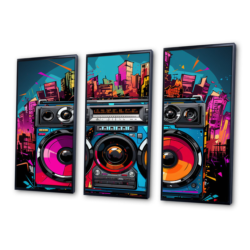 Pop Art Vibrant Boom Box Music - Platines et boîtes murales, Cadre flottant noir, H 40 po x l 61 po