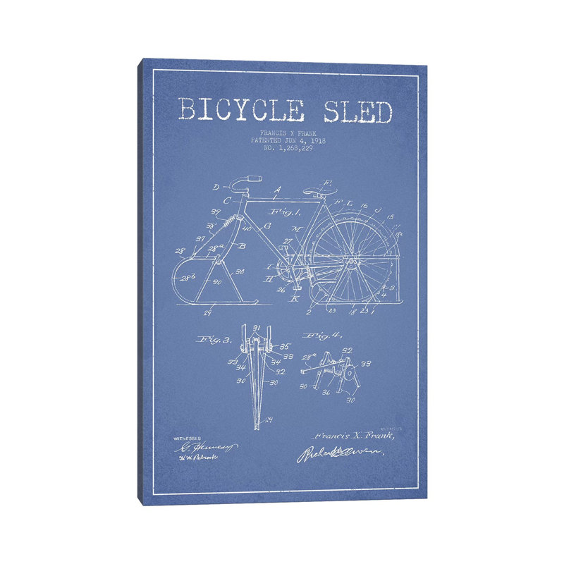 Francis X. Frank Bicycle Sled Patent Sketch (Light Blue) by Aged Pixel - Wrapped Canvas Gallery-Wrapped Canvas Giclée