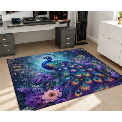 Tapis à motif floral Paon mystique, design oiseau bleu et vert éclatant, décoration intérieure artistique, tapis antidérapant pour salon, chambre, couloir, salle à manger, terrasse, balcon