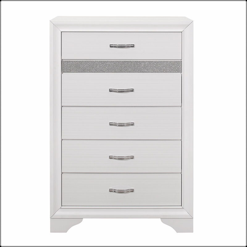 Commode glamour à finition blanche avec faux cristaux, tiroir à bijoux caché et paillettes argentées pour les chambres à coucher modernes