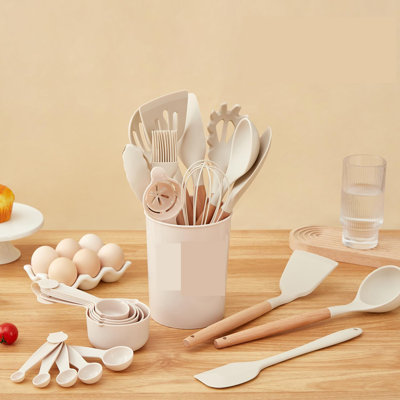 Batterie de cuisine antiadhésive en silicone avec poignée en bois