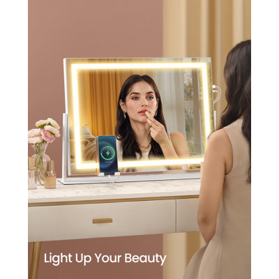 Vanity Makeup Mirror With Lights, Touch Control, Angle-Adjustable, With Charging Ports, Detachable 10X Magnifying Mirror, 3 Colour Temperatures, Dimmable, Phone Holder, Matte White ULWM002W01