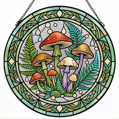 Mushroom Fern Stained Glass Window Panel，7.8H