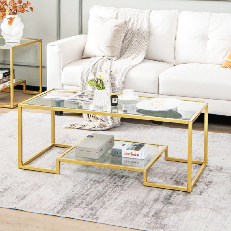 Table basse moderne à 2 niveaux avec plateau en verre Modern