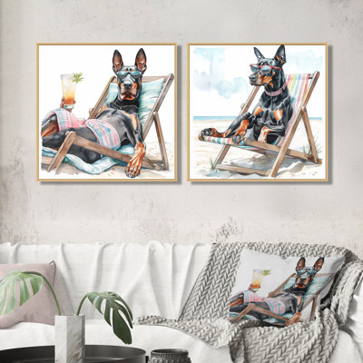 Doberman chien relaxant sur une chaise de plage I - art mural animaux côtiers - décoration murale nautique 2 pièces