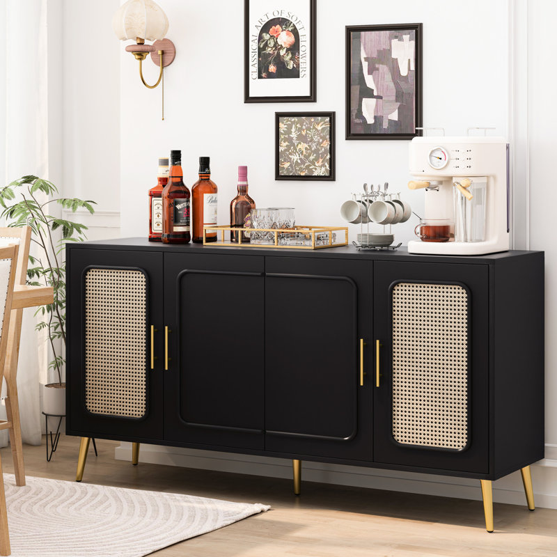 Buffet à quatre portes rétro avec design en rotin de plastique et poignées en métal