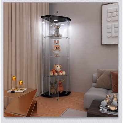 Vitrine Pentagon en verre avec 4 tablettes, éclairage DEL et installation rapide pour le salon, la chambre à coucher ou le bureau