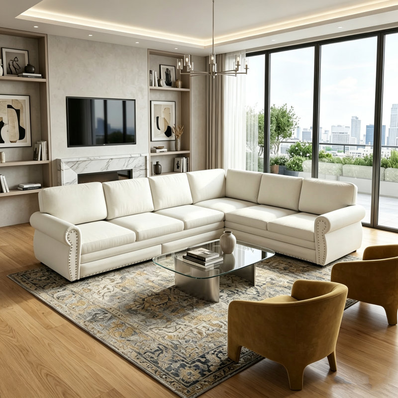 Convertible L-Shaped Sectional Sofa Bed, 6-Seater Oversized Sleeper Couch with Pull Out Bed, Modern Chenille Sectional with Rivet Trim & 7 Cushions