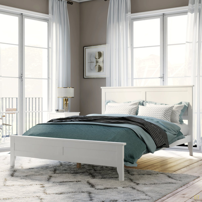 Modern  Solid Wood King Platform Bed, White, King