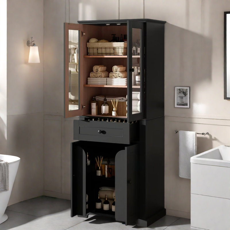 Grande armoire de rangement pour salle de bain avec portes en verre trempé, tablettes réglables, tiroir et fermeture en douceur