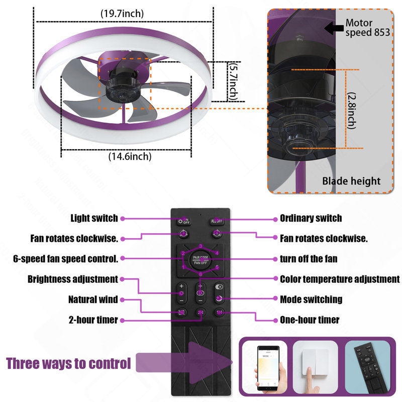 Ceiling Fans With Lights Dimmable LED Embedded Installation Of Thin Modern Ceiling Fans, Purple