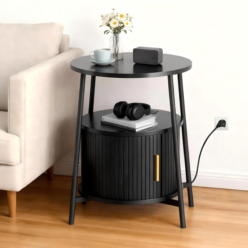 End Tables Set Of 2 & Charging Station, Fluted Accent Side Table With Sliding Door, Mid-century Modern Nightstand Set Of 2 For Small Space, Living Room, Bedroom Sofa Couch