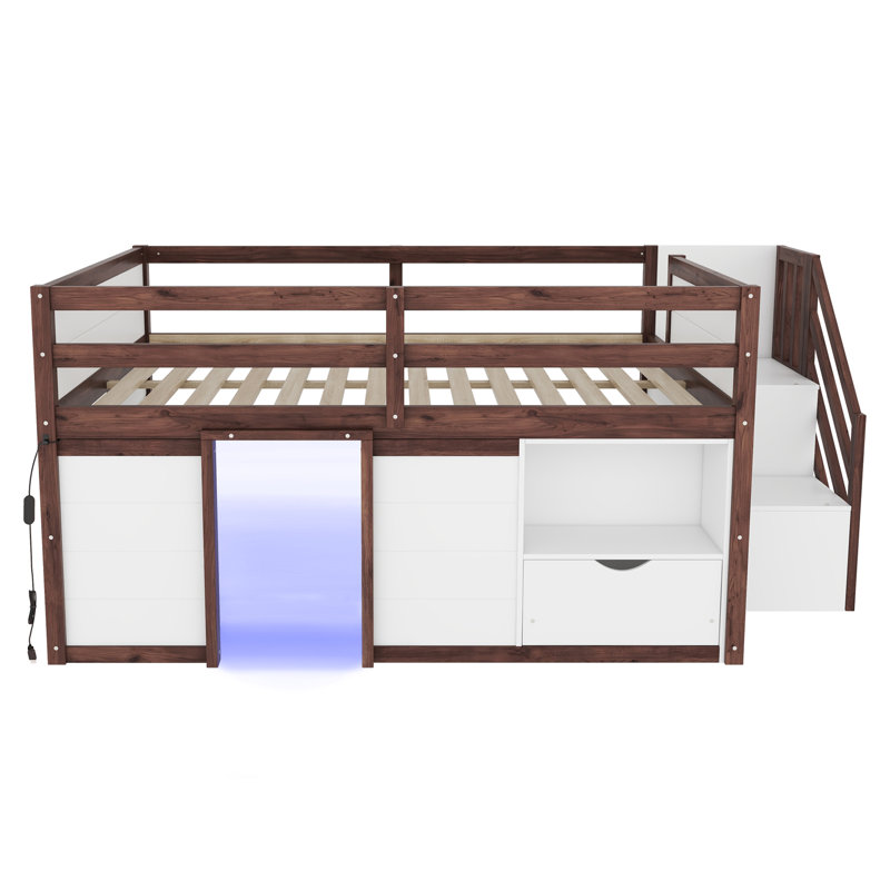 Lit de rangement pleine hauteur en bois, escalier moderne à DEL pour chambre d'enfant