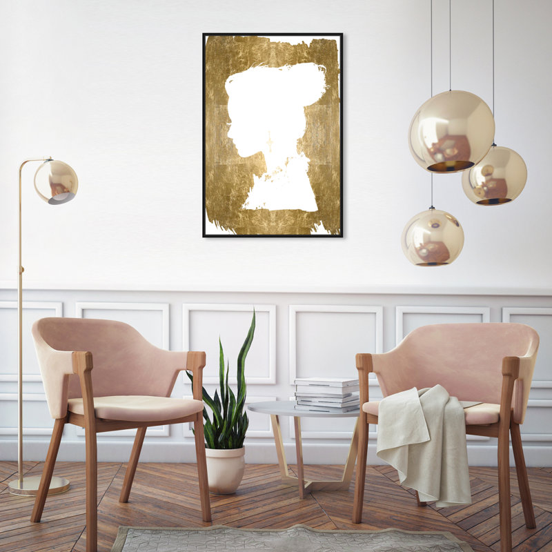 Beauté dorée, silhouette de profil glamour, impression sur toile dorée moderne pour le salon, Cadre en bois noir