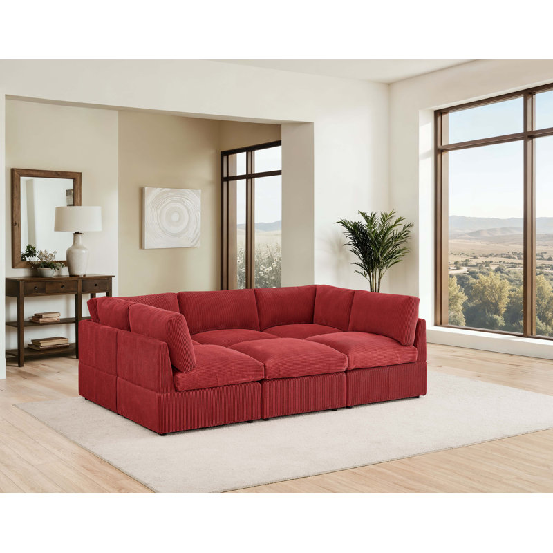 Kyanne Priyen 98" Wide Symmetrical Modular Corner Sectional, Red Corduroy