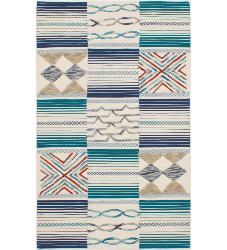 Tapis décoratif en laine tissé à la main de couleur crème/bleu sarcelle Winkel, Rectangulaire l 8 pi x L 10 pi