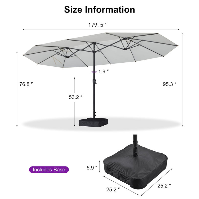 15Ft Rectangle Outdoor Garden Table Umbrella With 69.3" Long Reclining Chaise Lounge, White Frame/White Umbrella