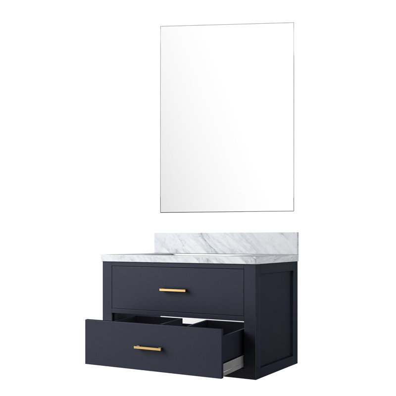 30 po L x P 22 po, meuble-lavabo de salle de bain bleu avec comptoir en marbre et miroir inclus de 28 po à fermeture douce