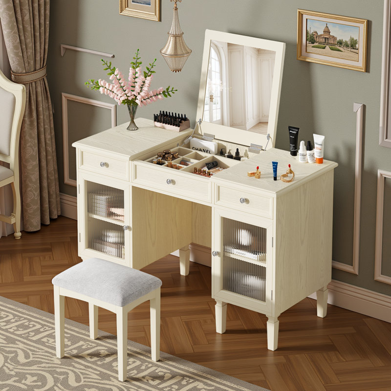 Bureau de coiffeuse 2 en 1 avec miroir rabattable - coiffeuse en chêne blanc et bureau d'ordinateur avec tabouret?