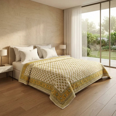 House of Avana Cream & Mustard Yellow Olive Green Floral Jaipur Indian Hand Block Print Quilted Comforter