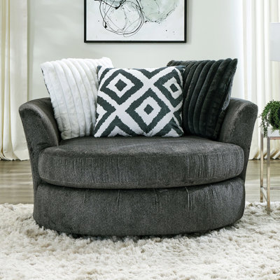 Fauteuil pivotant en chenille métallique avec accoudoirs incurvés rembourrés, pieds en bois, coussin en T, coussins réversibles à fermeture éclair, dossier ultra doux et coussins à canaux, fixation par boulons amovible pour le salon principal.