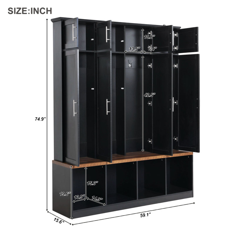 Litwin Storage Bench,Hall Tree with 4 Hanging Hooks,Entryway Cabinet, Black