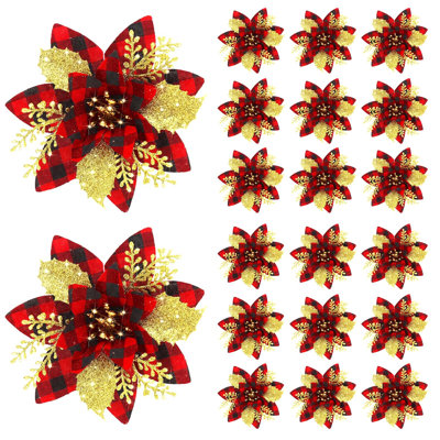 20 pièces de 5,7 pouces fleur de poinsettia de Noël paillettes artificielles avec pinces ornement de Noël pour guirlande