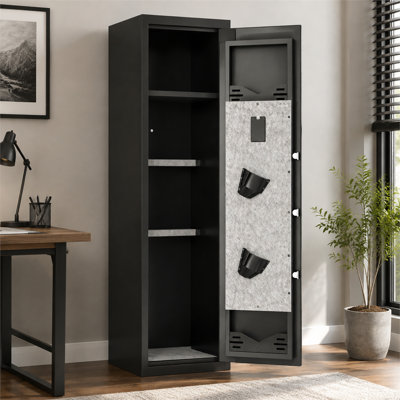 Black biometric rifle safe, keypad lock, adjustable gun rack, built-in alarm, factory pre-assembled, for home gun protection security.
