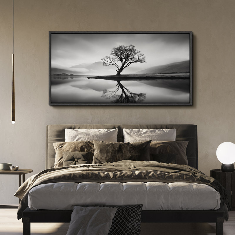 Nature, paysage, monochrome, sérénité, solitaire, arbre, reflet, lac, paysage, H 30 po x l 60 po, Noir, noir, noir, noir