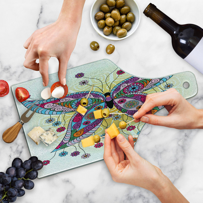 Ambesonne Ethnic Tempered Glass Cutting Board Spring Flowers Butterfly Multicolor