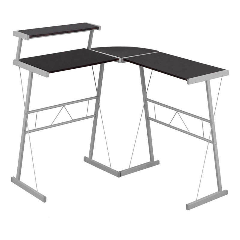 Bureau d'ordinateur, bureau personnel, coin, forme en L, travail, ordinateur portable, stratifié brun, métal gris