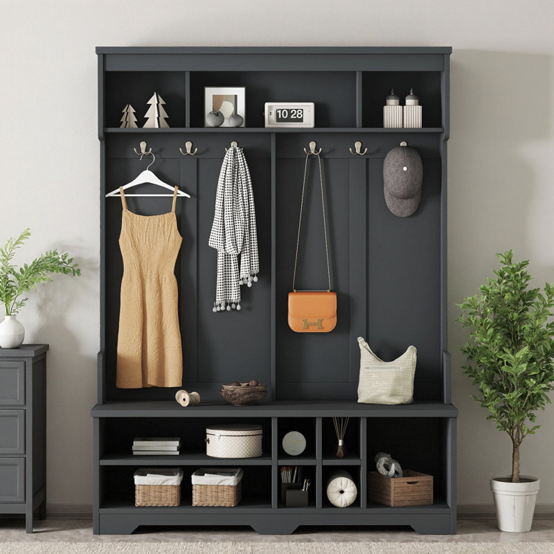 Modern Black Entryway Hall Tree with Bench, 6 Hooks & Shoe Storage, Organizer for Coats & Shoes, Black