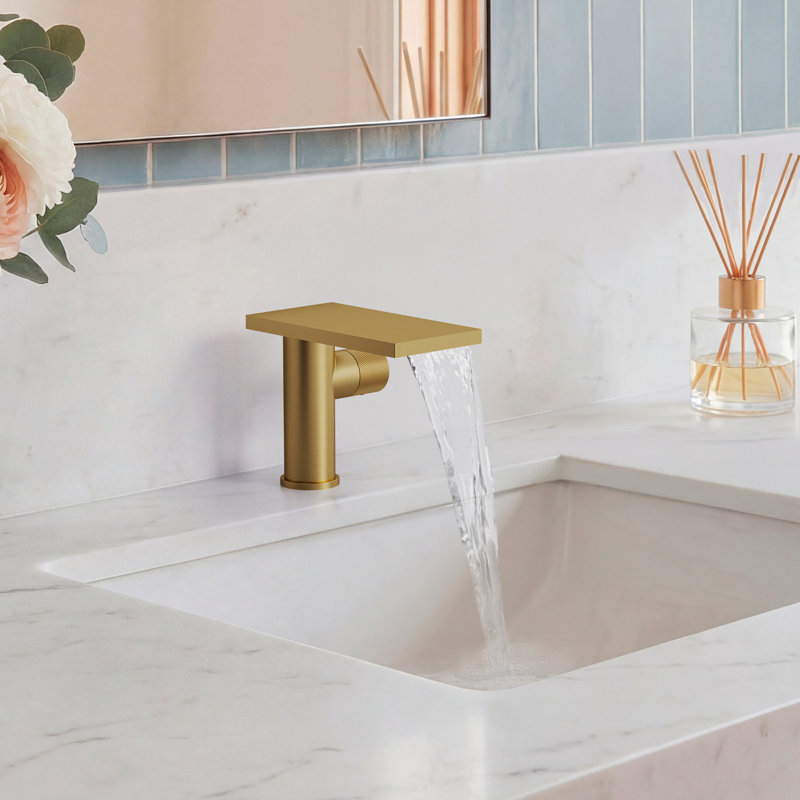 Single Hole Bathroom Faucet, Single-Handle Waterfall Sink Faucet with Drain Assembly, Brushed Gold