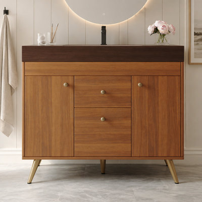 Compact Freestanding Bathroom Vanity Cabinet, Waterproof Plywood Unit with Sintered Stone Countertop & Ceramic Sink, Dual Side Cabinets Central Drawers Storage Vanity with Stainless Steel Legs
