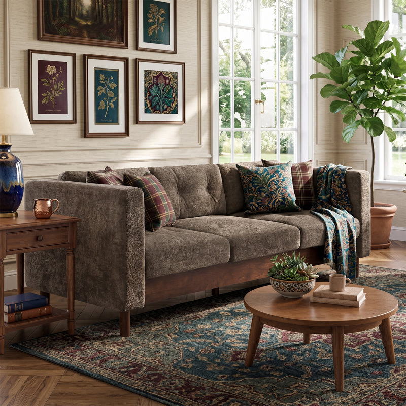 Canapé capitonné 3 places de 198 cm (78 po) avec coussins à ressorts ensachés, style moderne du milieu du siècle, accoudoirs carrés, idéal pour appartement, supporte jusqu'à 408 kg (900 lb).