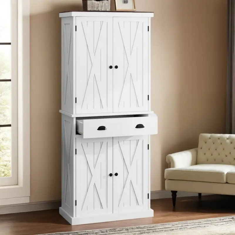 Armoire de cuisine en bois, armoire de rangement en bois de 72 po de hauteur avec portes, tiroirs et tablettes réglables pour divers besoins de rangement - blanc