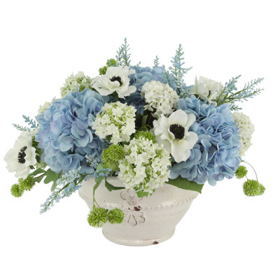 Hydrangeas, Viburnum and Astilbe Arranged in Ceramic Vase