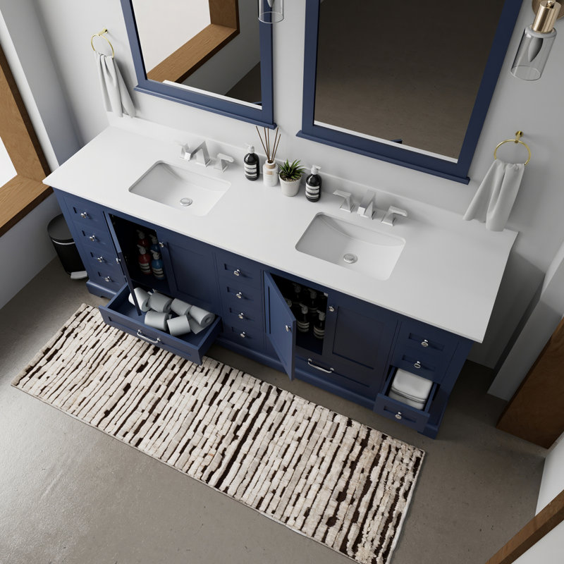 Meuble-lavabo double avec comptoir en quartz blanc, Bleu marine
