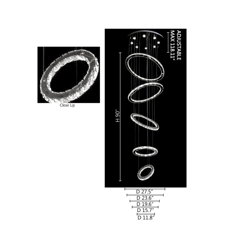 13-Light Chrome LED Chandelier With Five Crystal Rings