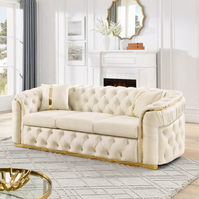 Canapé capitonné 90,6 po en velours capitonné avec 2 coussins, ensemble de canapé Chesterfield de luxe à 3 places avec accents en acier inoxydable doré pour le salon